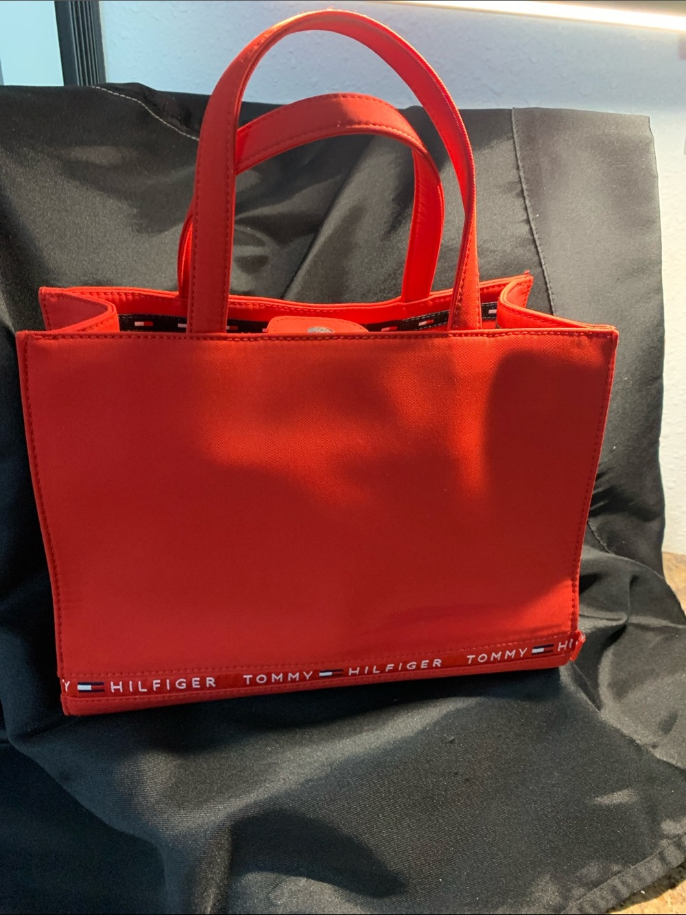Vintage Y2K Tommy Hilfiger Red Nylon Mini Spellout Tote with Signature Logo Trim